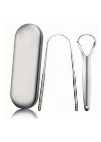 Two silver-coloured tongue scrapers with matching storage case