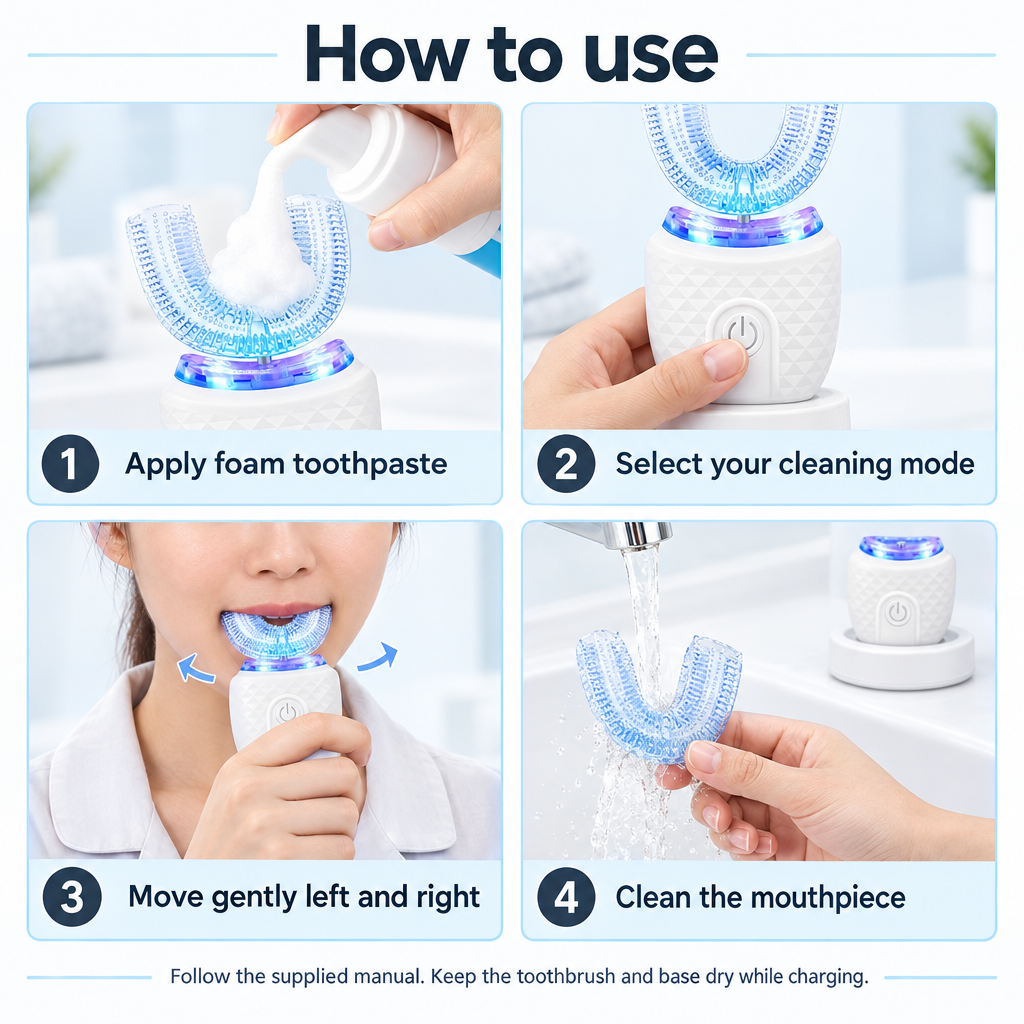 Polished U-shaped toothbrush how-to-use graphic
