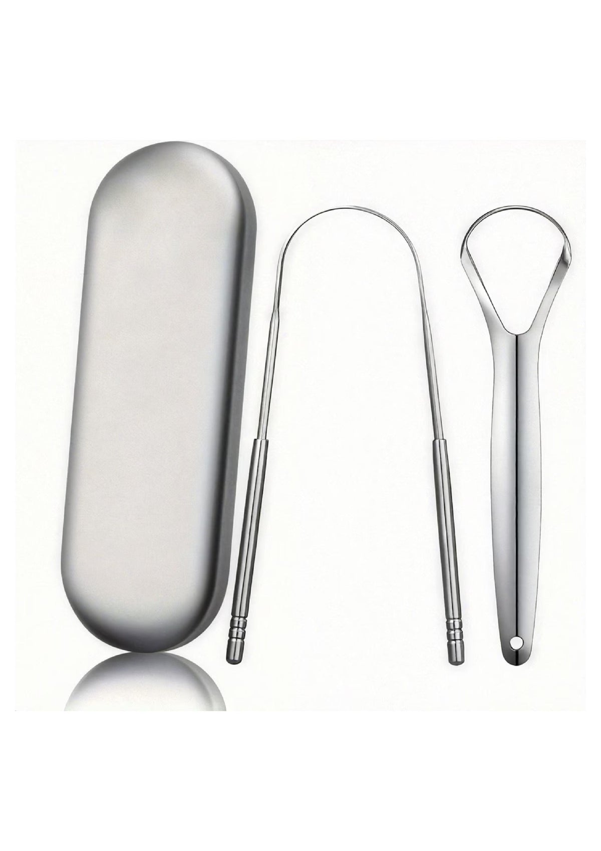 Two silver-coloured tongue scrapers with matching storage case
