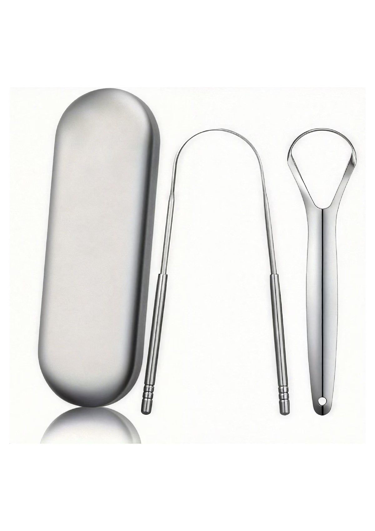 Two silver-coloured tongue scrapers with matching storage case