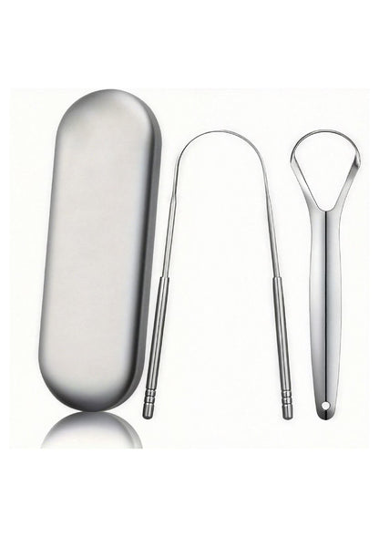 Two silver-coloured tongue scrapers with matching storage case