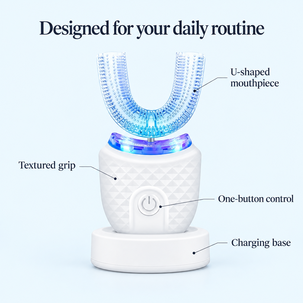 U-shaped toothbrush features graphic
