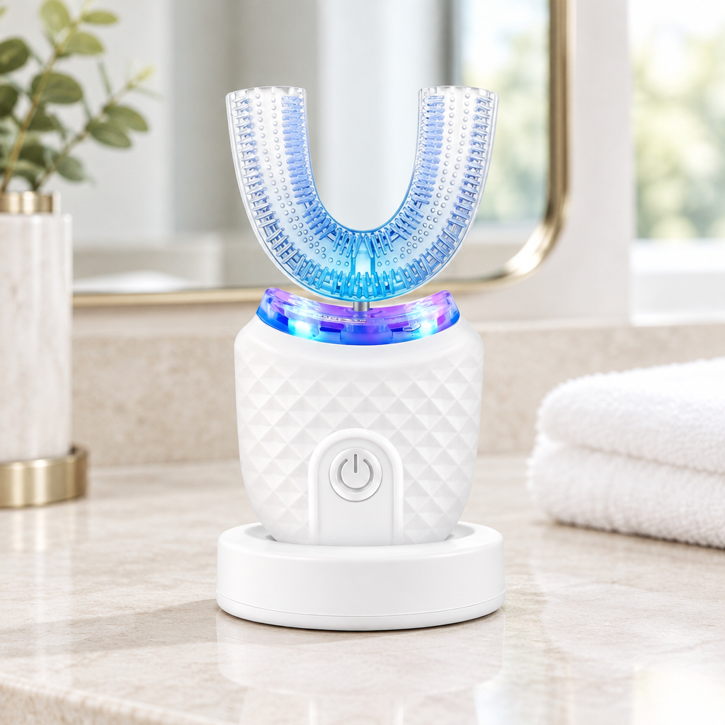 U-shaped toothbrush on a bathroom vanity