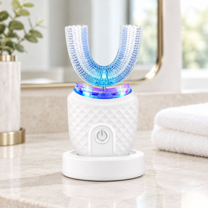 U-shaped toothbrush on a bathroom vanity